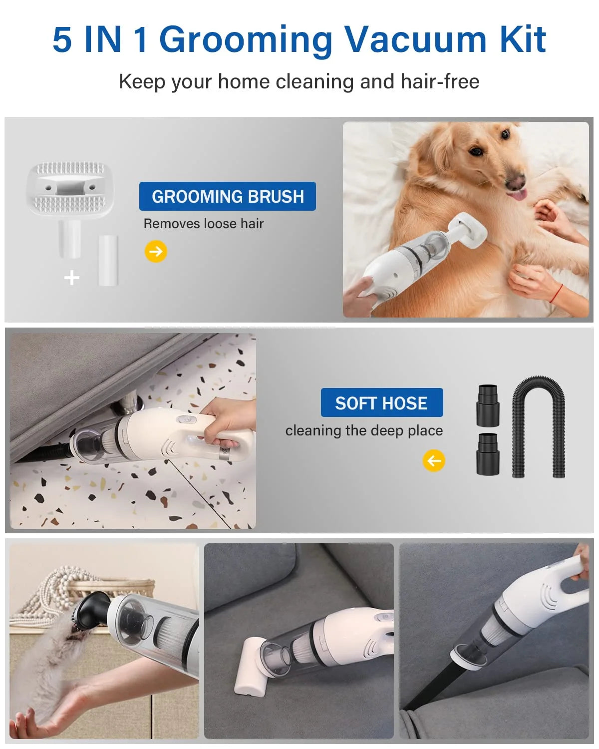 5-in-1 Wireless Pet Hair Vacuum & Grooming Brush - Low Noise Shed & Groom Solution for Cats and Dogs